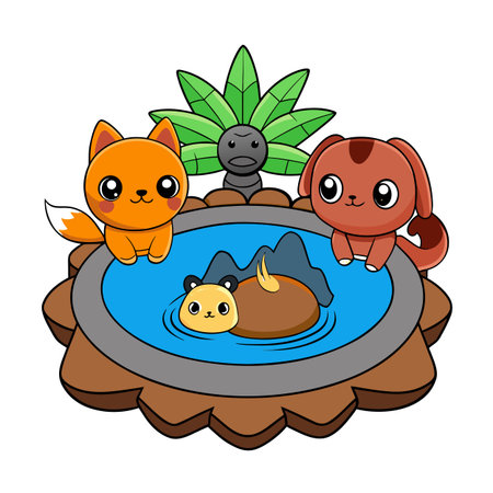 Cartoon animals around a pond with a palm tree in kawaii styleのイラスト素材