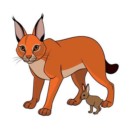 Cartoon Caracal with a Hare: Animation Illustration of Wild Catのイラスト素材