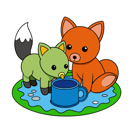 Cute cartoon fox cubs sharing a blue teacup on a green meadowのイラスト素材