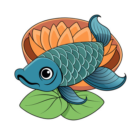 Stylized blue fish with orange lotus flower and green leaf graphic imageのイラスト素材