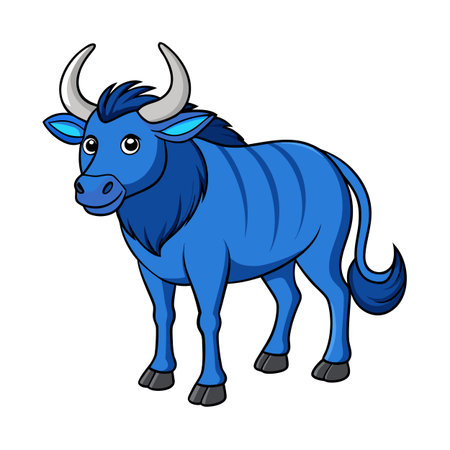 Cartoon Blue Wildebeest Illustration with Black Outlines on White Backgroundのイラスト素材