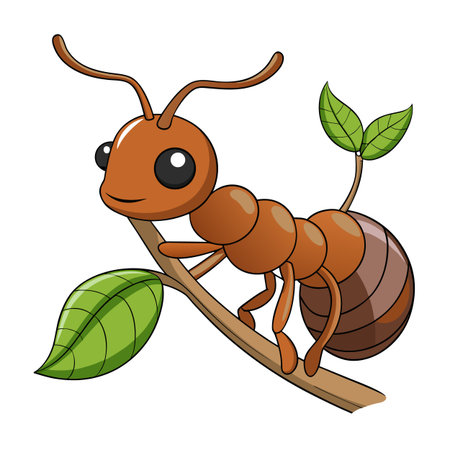 Cartoon Ant on a Branch with Leaves: A Cheerful Insect Illustrationのイラスト素材