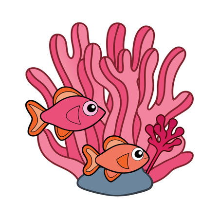 Cartoon style fish swimming among coral reef illustration on white backgroundのイラスト素材