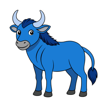Cartoon bull illustration with blue fur and curved horns on white backdropのイラスト素材