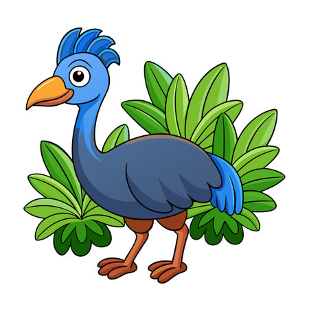 Cartoon illustration of a colorful bird surrounded by green foliageのイラスト素材