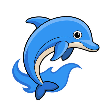 Cartoon dolphin leaping from ocean waves, playful marine life illustration isolatedのイラスト素材