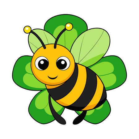 Cartoon Bee with Clover, Representing Luck, Happiness, and Sweetness of Natureのイラスト素材
