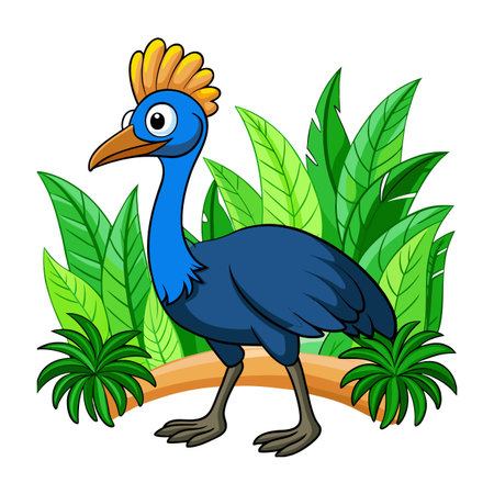 Cartoon bird character in a tropical foliage background for children illustrationのイラスト素材