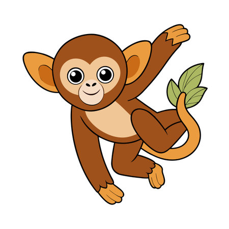 Cartoon monkey with green leaves on its tail, against white backgroundのイラスト素材