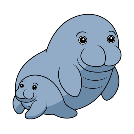Cartoon manatee mother and baby illustration on white background depicting maternal careのイラスト素材
