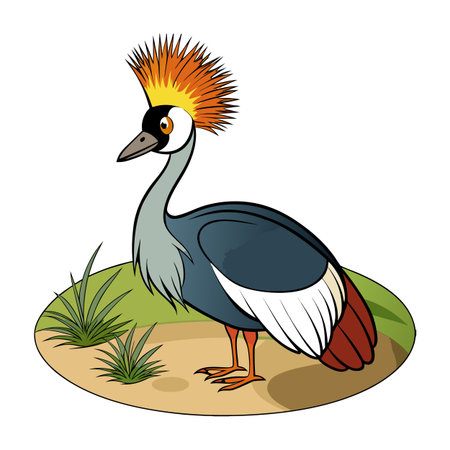 Illustration of a colorful cartoon crowned crane standing in a grassy fieldのイラスト素材