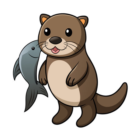 Cartoon otter standing upright and holding a fish in its mouth illustrationのイラスト素材