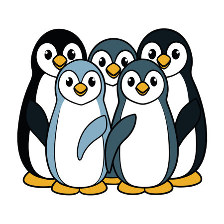 Group of Cute Cartoon Penguins Standing Together, Isolated on White Backgroundのイラスト素材