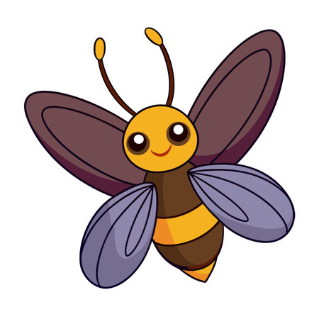 Cartoon bee illustration with wings and antennae, bright colors on a white backgroundのイラスト素材
