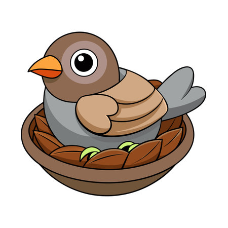 Cartoon bird sitting comfortably in its nest, brown and gray tonesのイラスト素材