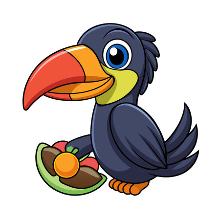 Cartoon toucan carrying a platter of colorful fruit, isolated on white backgroundのイラスト素材
