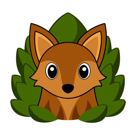 Cute fox character hiding behind lush green leaves, cartoon vector graphicのイラスト素材