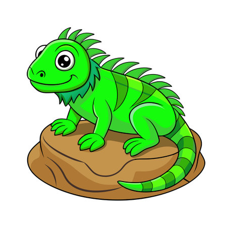 Cute green iguana cartoon illustration perched atop a brown rock formationのイラスト素材