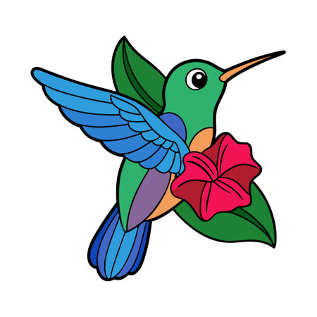 Cartoon hummingbird with blue wings and hibiscus flower on white backgroundのイラスト素材