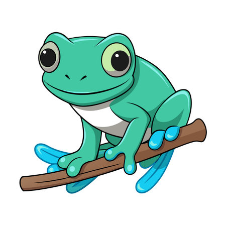 Cartoon frog sitting on a branch with a cute and whimsical designのイラスト素材