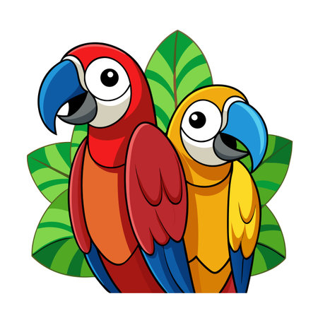 Cartoon illustration featuring two colorful parrots with leaves on a white background.