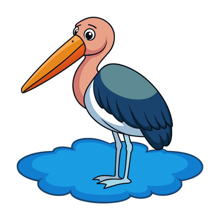 Cartoon Marabou Stork Standing on Blue Cloud Illustration for Childrenのイラスト素材