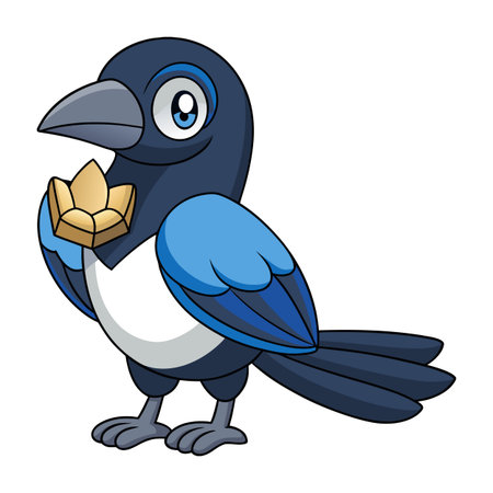 Cute cartoon magpie holding a golden crown against a white backgroundのイラスト素材