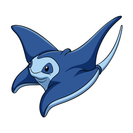 Cartoon Manta Ray Smiling and Swimming in Ocean with Simple Background Illustrationのイラスト素材