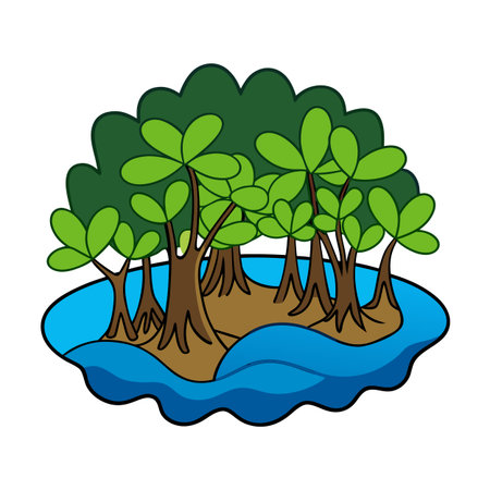 Cartoon island surrounded by water with trees vegetation illustration on whiteのイラスト素材