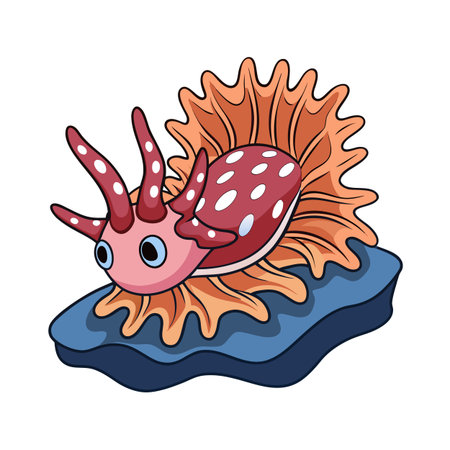 Cartoon nudibranch illustration with frilly mantle and spots on a sea spongeのイラスト素材