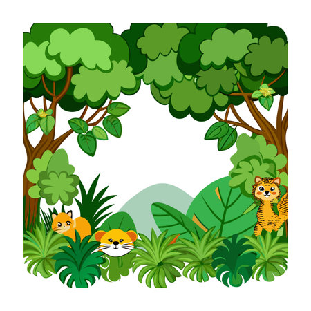 Jungle Landscape with Cartoon Animals Illustration in Vector Formatのイラスト素材