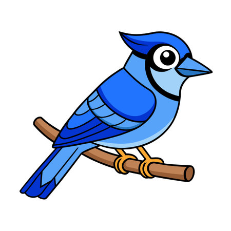 Cartoon blue jay perched on a brown branch against a white background.のイラスト素材