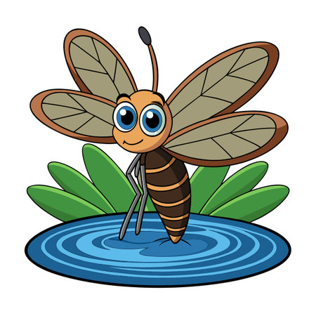 Cartoon bee character standing in a pond with green plants backgroundのイラスト素材