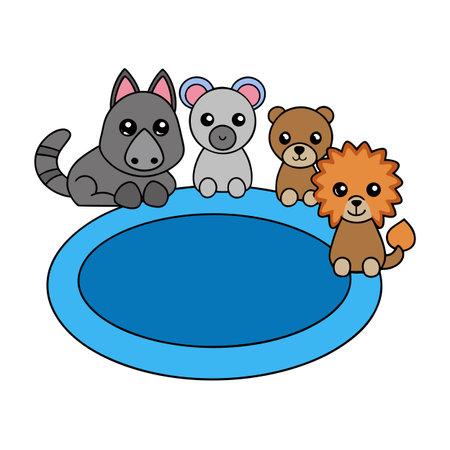 Cartoon animals surrounding a blue circular frame with clean vector styleのイラスト素材