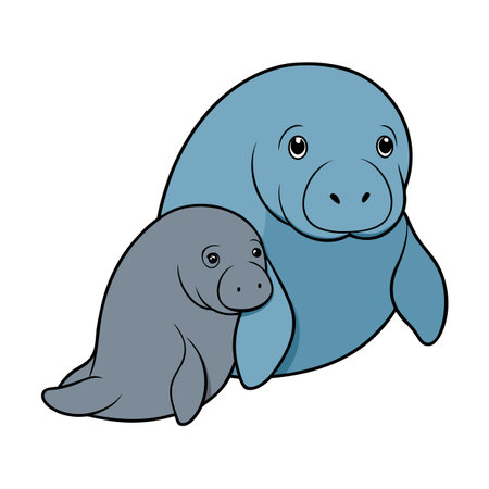 Cartoon manatee mother and baby swimming together in a cute illustration styleのイラスト素材