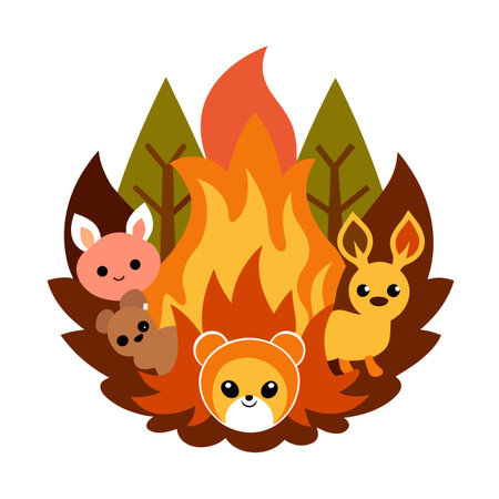 Cute Animals Around a Campfire in the Forest Illustration for Kidsのイラスト素材