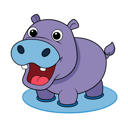 Cartoon hippo with an open mouth standing in a blue puddle illustrationのイラスト素材