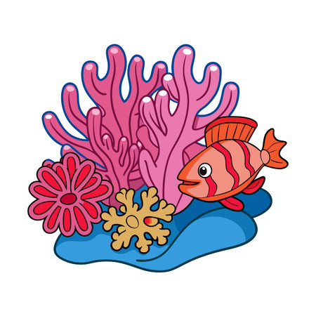 Cartoon coral reef scene with a colorful fish and various coralのイラスト素材