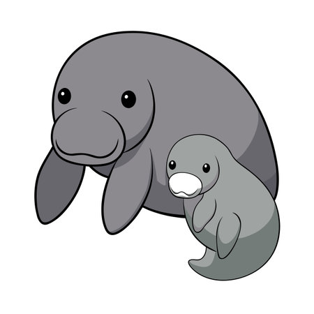 Cartoon mother and baby manatee swimming together, illustration on white backgroundのイラスト素材
