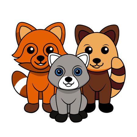 Cartoon Animals Grouped Together Featuring a Fox, Tanuki, and Small Gray Animalのイラスト素材