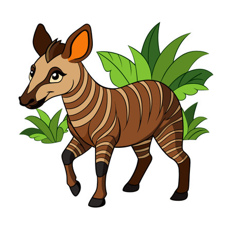 Cartoon Okapi animal, striped, walking in the jungle with lush tropical greeneryのイラスト素材