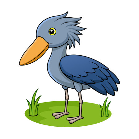 Cartoon Shoebill Stork Standing on Grass Patch with White Backgroundのイラスト素材