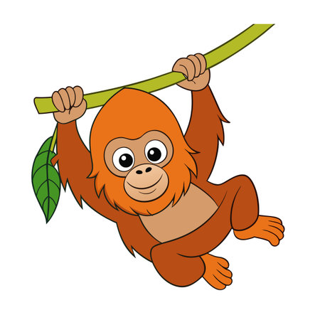 Playful Cartoon Orangutan Hanging from a Branch, Cute Animal Illustrationのイラスト素材