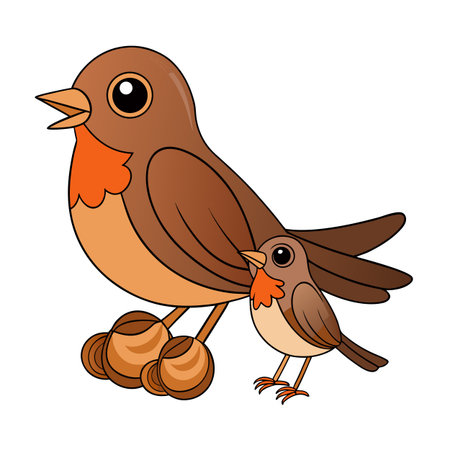 Cartoon Mother Robin with Baby Robin on White Background, Cute Vector Artのイラスト素材