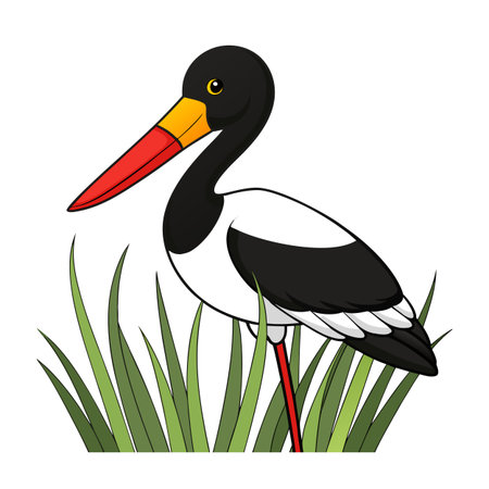 Cartoon Saddle-Billed Stork in Grassy Field: Cheerful Bird Illustrationのイラスト素材