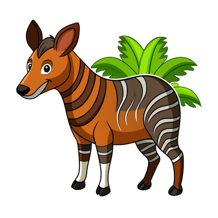 Cartoon Okapi Illustration with Striped Pattern Against Green Foliage on White Backgroundのイラスト素材