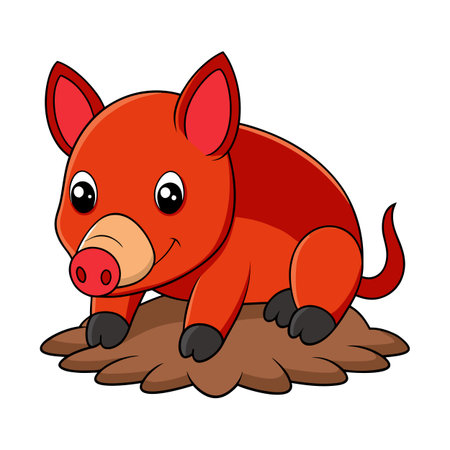 Cartoon Red River Hog Illustration Sitting on Brown Soil, Isolated on Whiteのイラスト素材