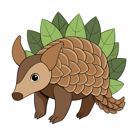 Cute cartoon pangolin illustration with green leaves in a flat vector styleのイラスト素材