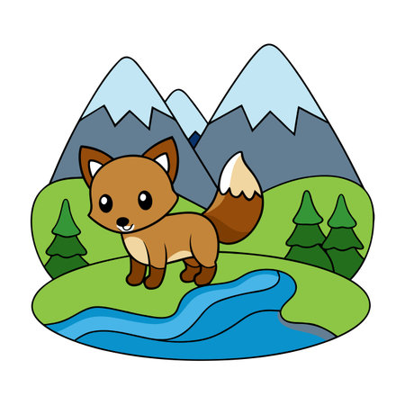 Cartoon fox standing in a green mountain landscape with flowing riverのイラスト素材