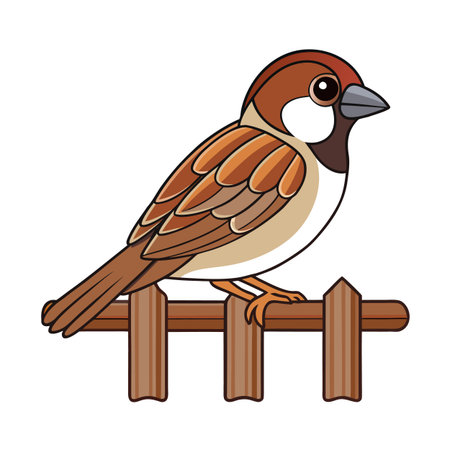 Cartoon sparrow perched on a wooden fence, vibrant illustration against white backdropのイラスト素材